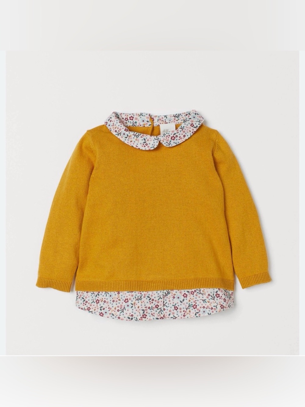H&M Layered Mustard Sweater with Floral Collar and Shirt Detail